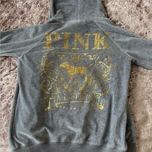 PINK Victoria's Secret Gray Velour Hoodie with Gold Design on the back